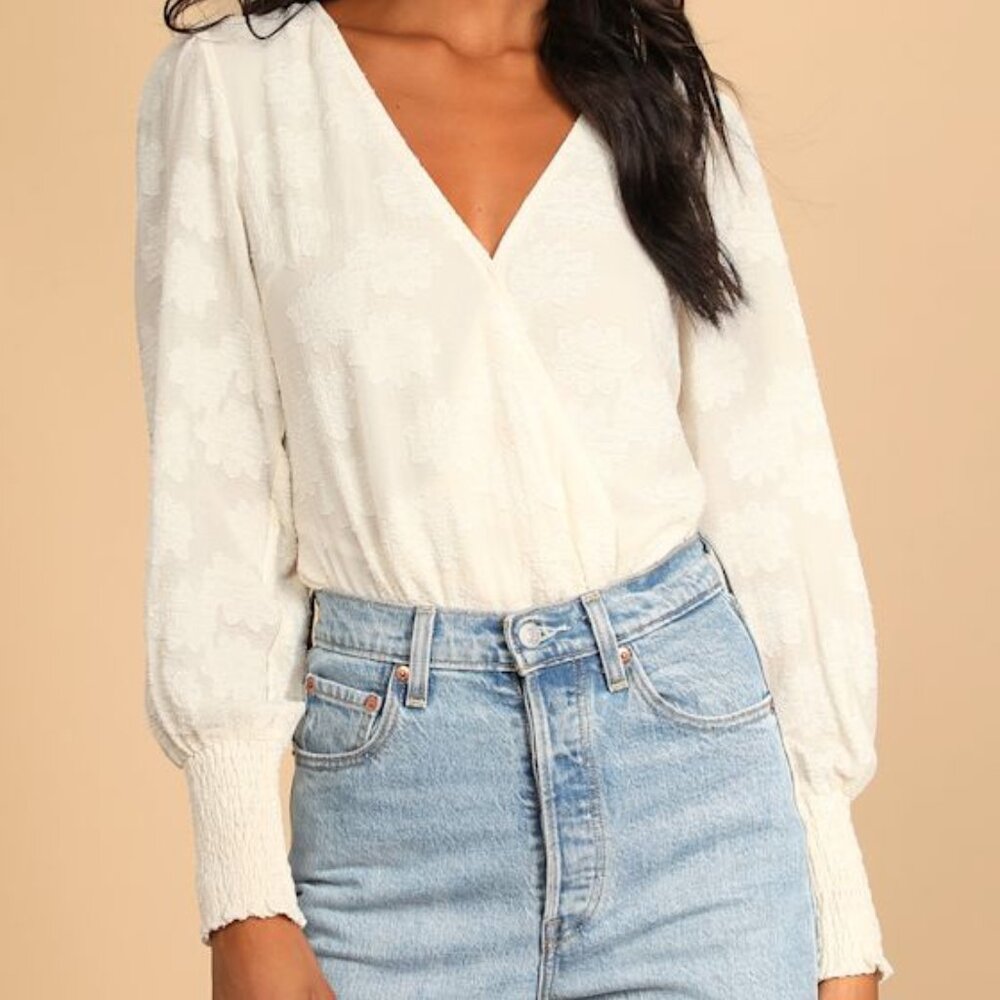 Lulus Pure Sweetness Ivory Floral Jacquard Long Sleeve Bodysuit White - Size S